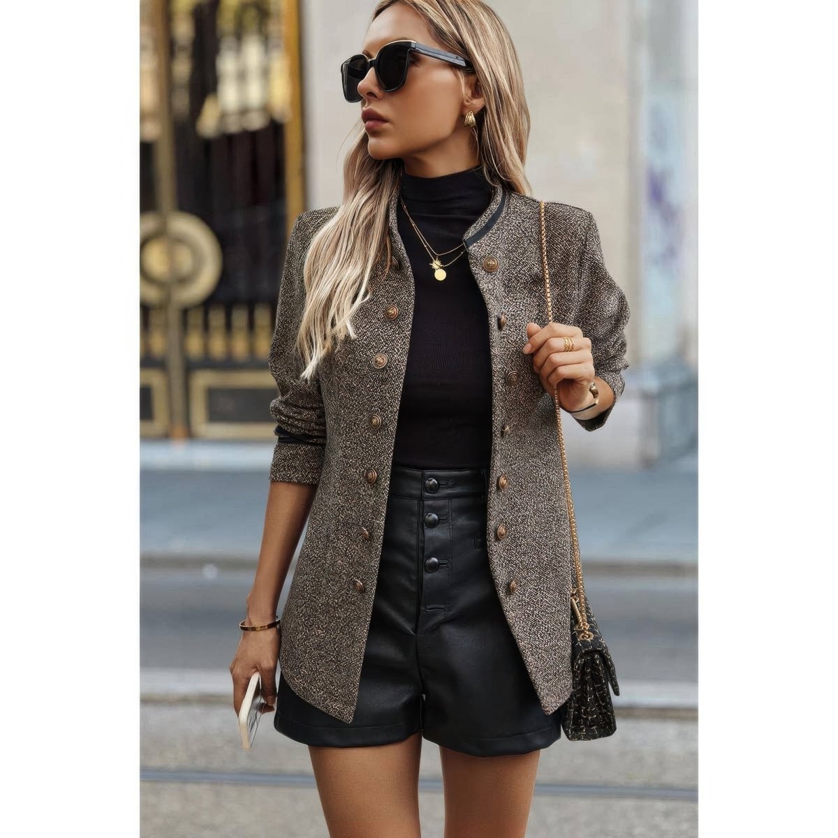 Solid Decorative Button Stand Collar Jacket - Demented Sisters