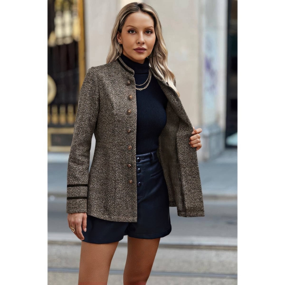 Solid Decorative Button Stand Collar Jacket - Demented Sisters