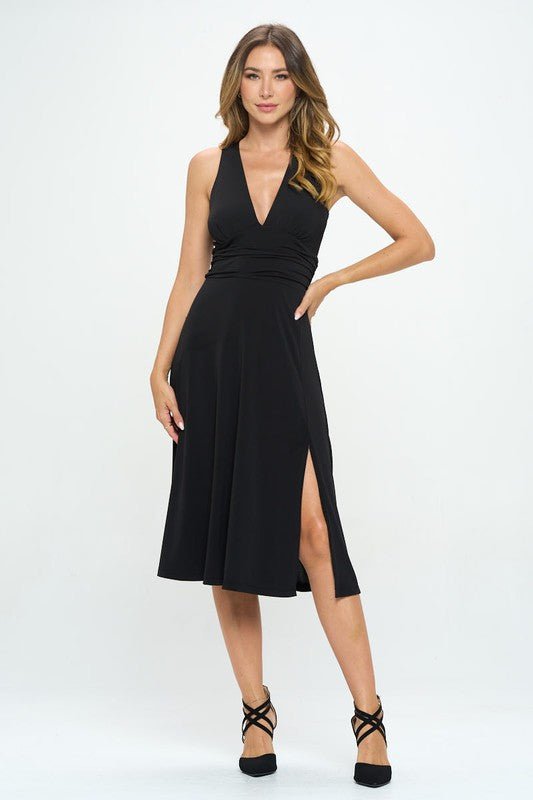 Solid Deep V Neck Lined Dress with Slit - Demented Sisters