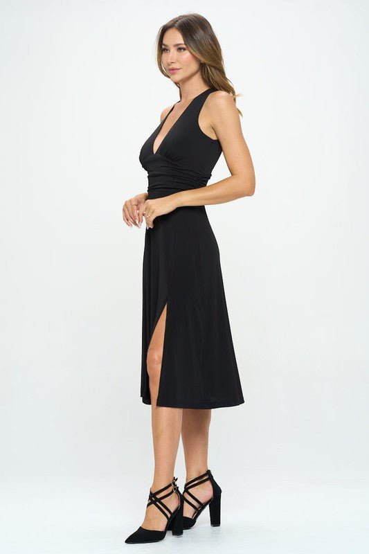 Solid Deep V Neck Lined Dress with Slit - Demented Sisters