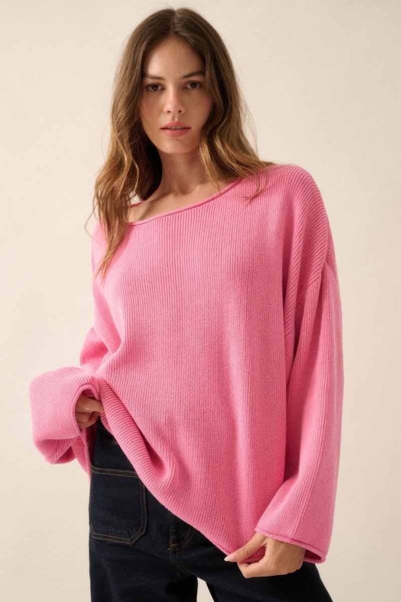 Solid Rib - knit Oversized Boatneck Sweater - Demented Sisters