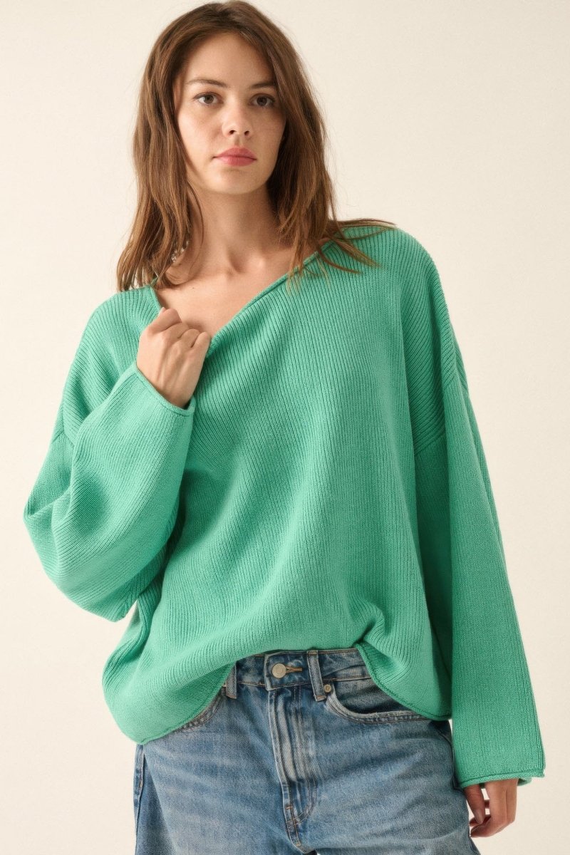 Solid Rib - knit Oversized Boatneck Sweater - Demented Sisters