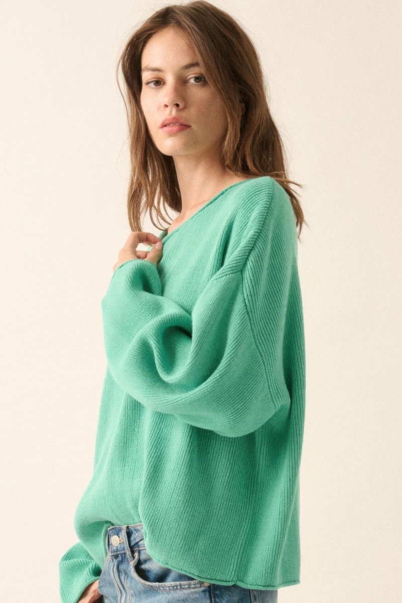 Solid Rib - knit Oversized Boatneck Sweater - Demented Sisters