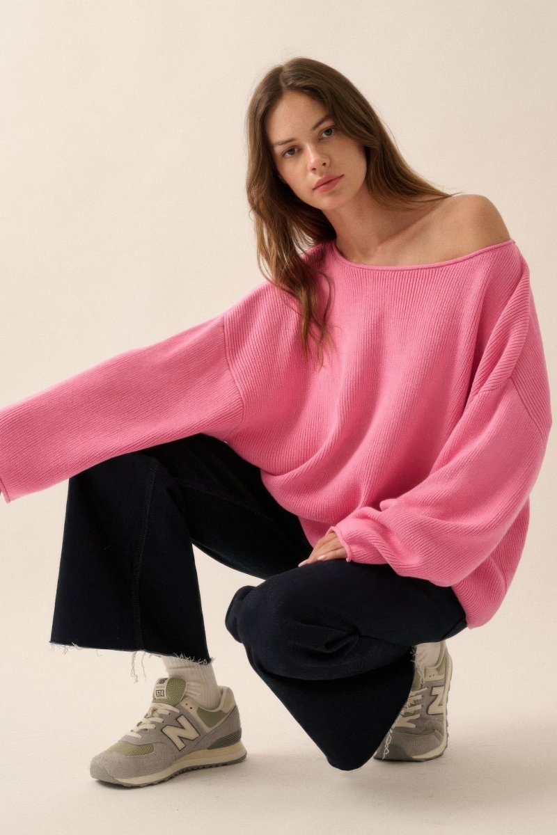 Solid Rib - knit Oversized Boatneck Sweater - Demented Sisters