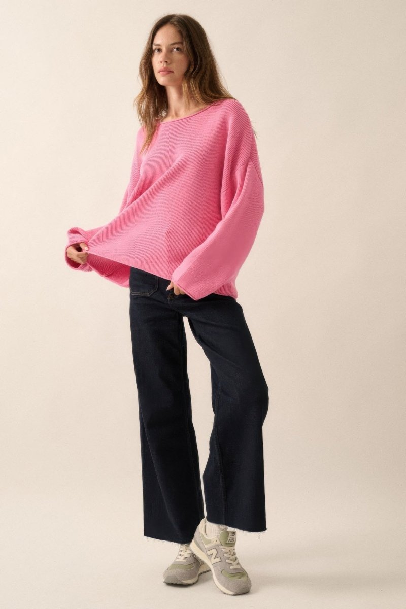 Solid Rib - knit Oversized Boatneck Sweater - Demented Sisters