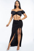 Solid Ruched Front Off The Shoulder Short Sleeve Cropped Top And Side Ruched Asymmetrical Skirt Two Piece Set - Demented Sisters