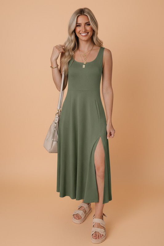 Solid Sleeveless Flared Side Slit Midi Dress - Demented Sisters