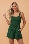 Solid Smocked Sleeveless Pocketed Romper - Demented Sisters