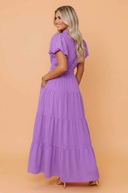 Solid V - Neck Short Puff Sleeve Tiered Maxi Dress - Demented Sisters