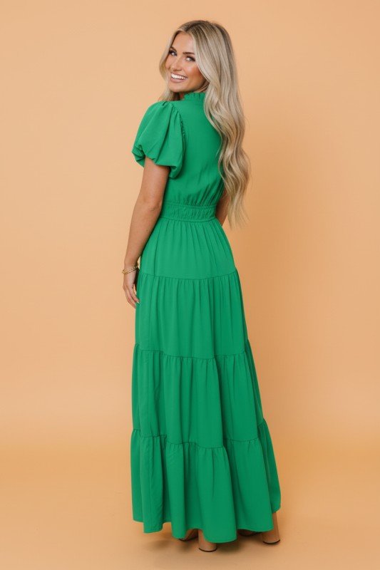Solid V - Neck Short Puff Sleeve Tiered Maxi Dress - Demented Sisters