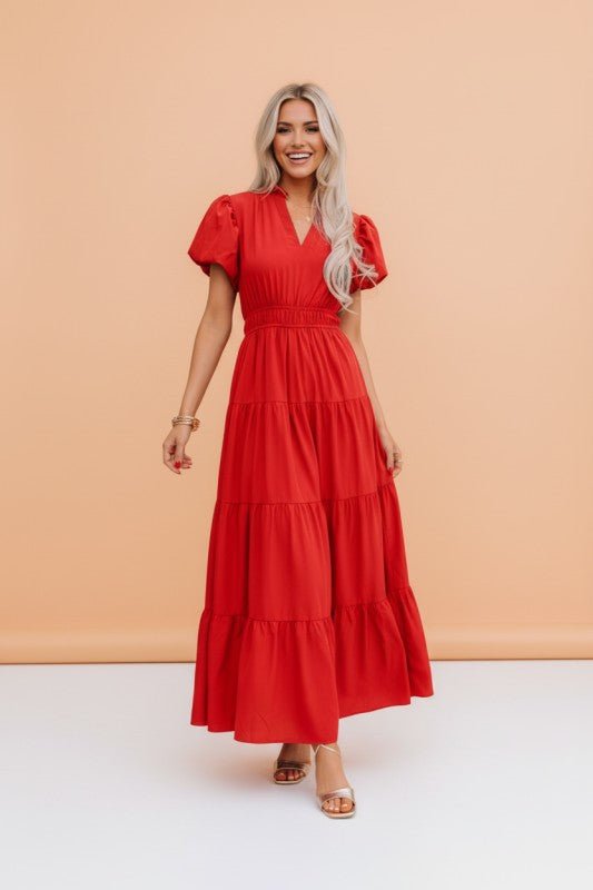 Solid V - Neck Short Puff Sleeve Tiered Maxi Dress - Demented Sisters
