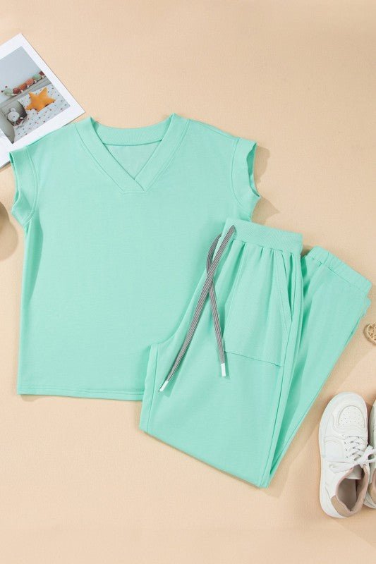 Solid V - Neck Tee & Drawstring Pants Set - Demented Sisters