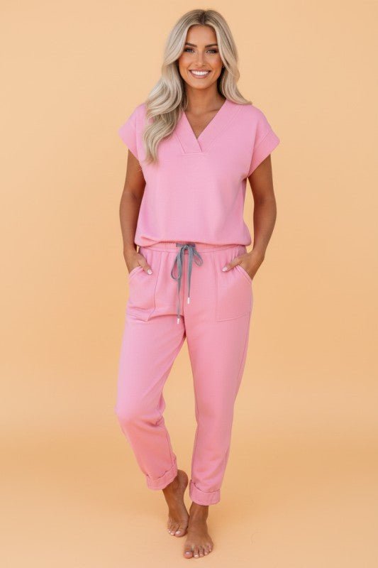Solid V - Neck Tee & Drawstring Pants Set - Demented Sisters