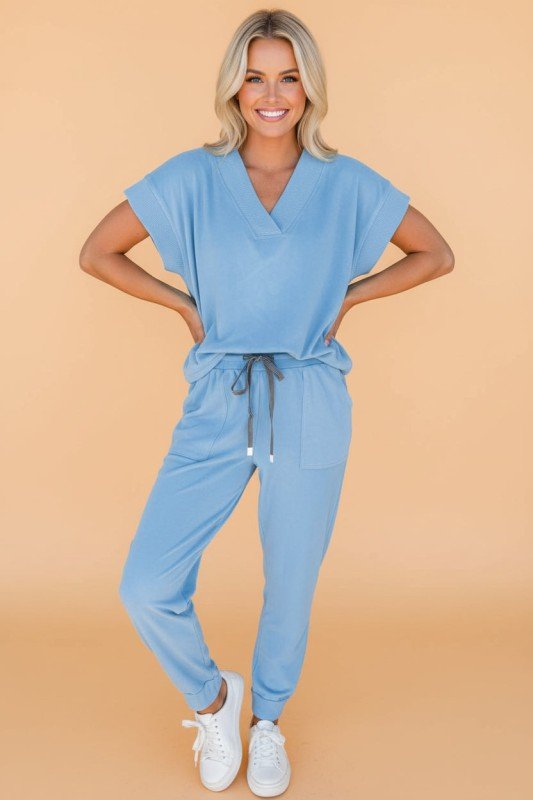 Solid V - Neck Tee & Drawstring Pants Set - Demented Sisters
