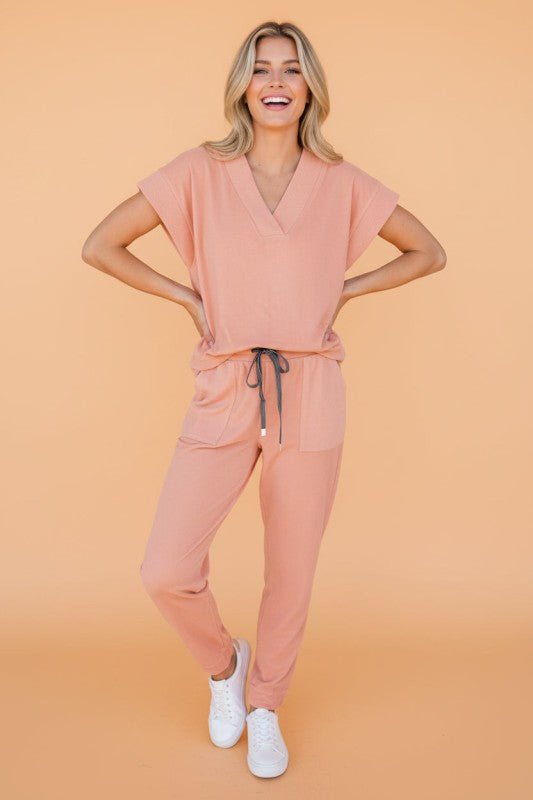 Solid V - Neck Tee & Drawstring Pants Set - Demented Sisters