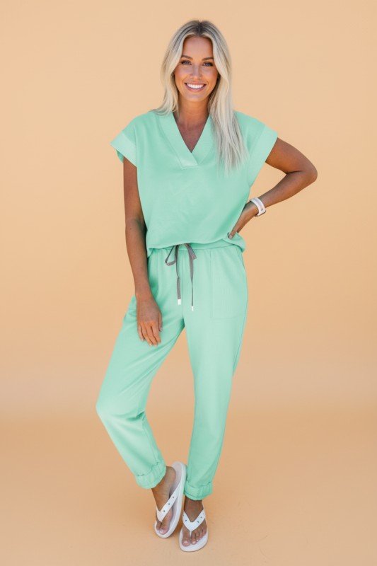 Solid V - Neck Tee & Drawstring Pants Set - Demented Sisters