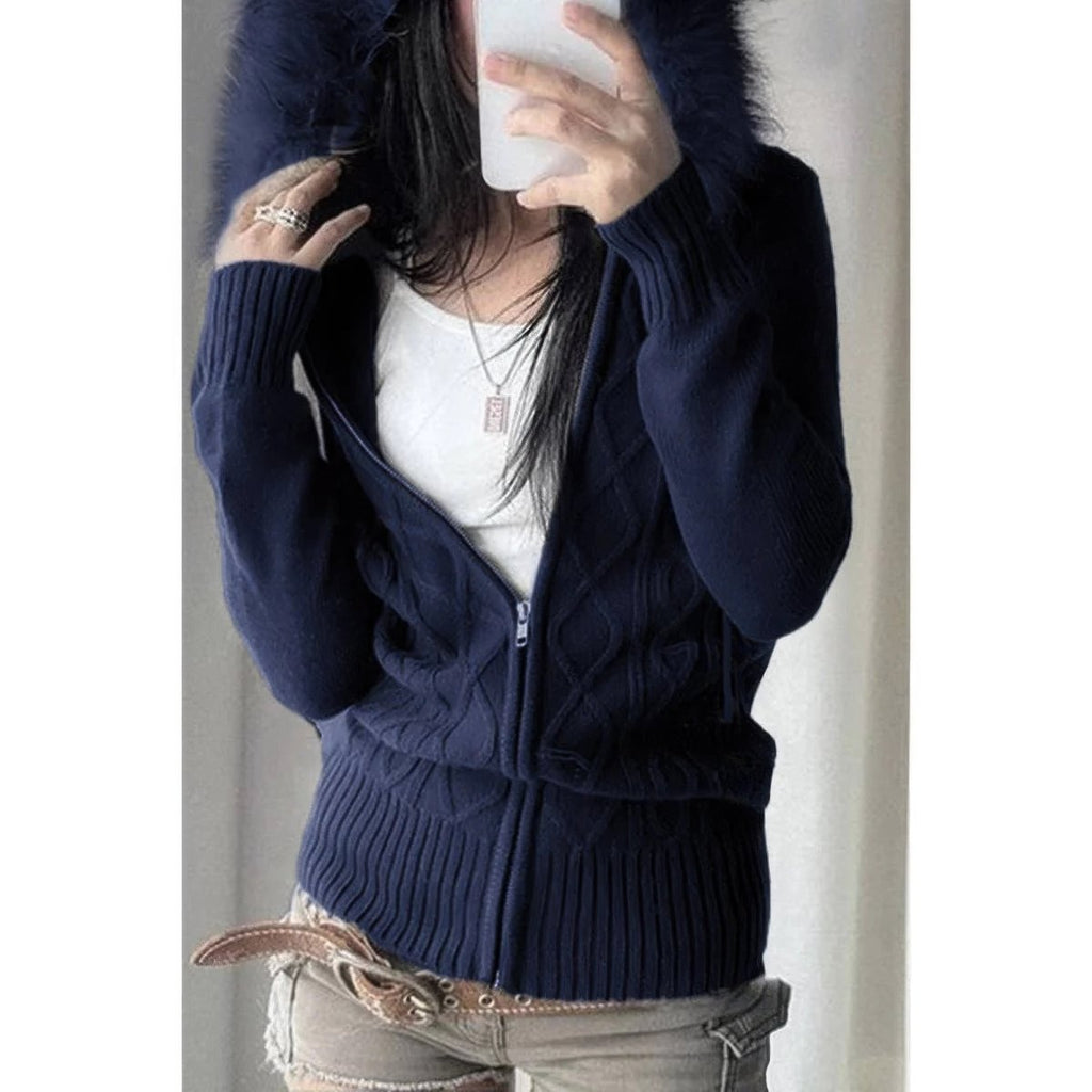 Solid Zipper Twist And Fur Stitching Jacket - Demented Sisters