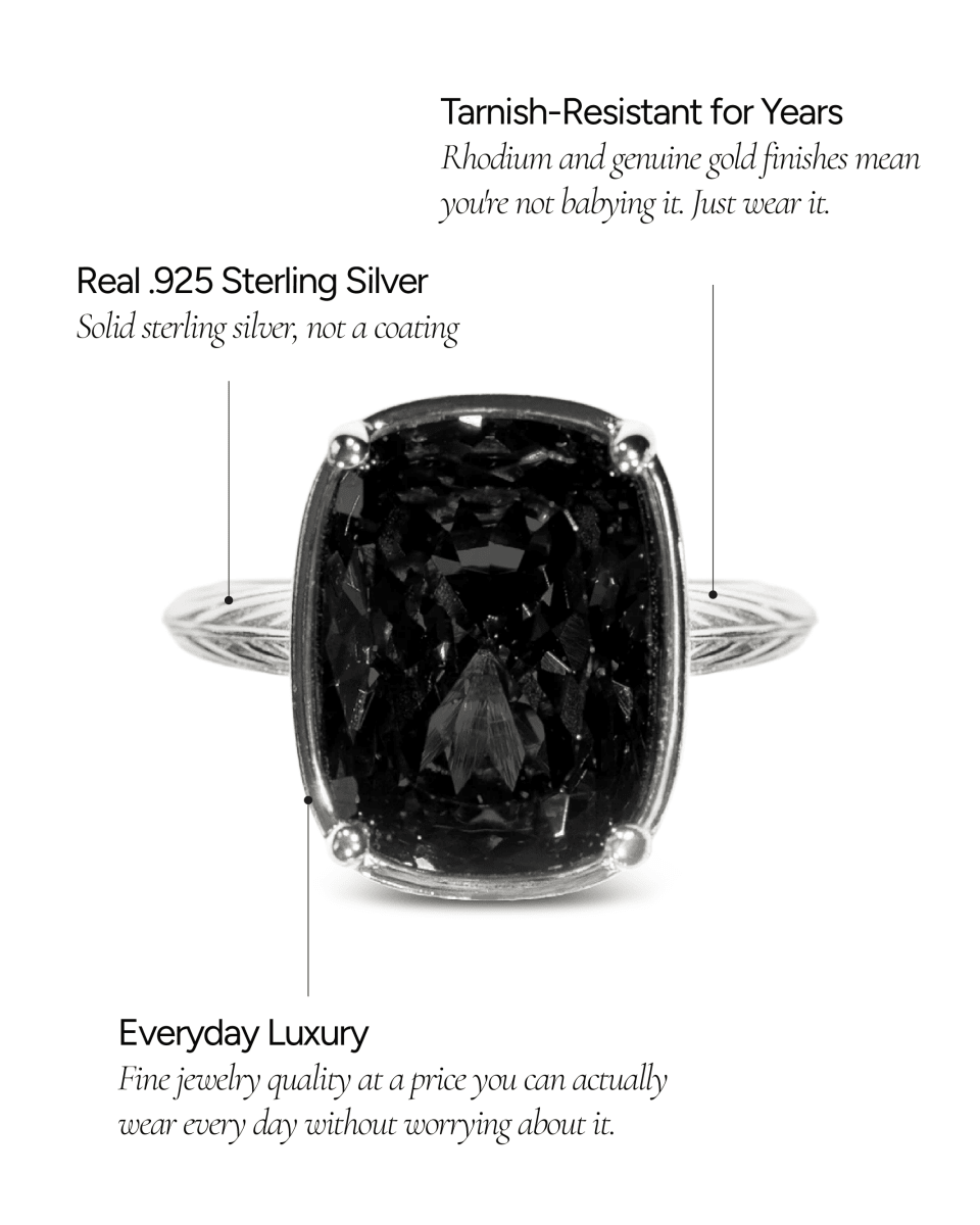 Sterling Silver Elongated Cushion Black CZ Cocktail Ring - Demented Sisters