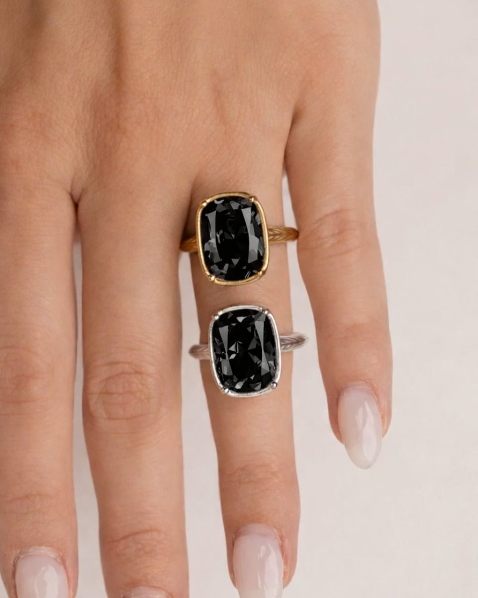 Sterling Silver Elongated Cushion Black CZ Cocktail Ring - Demented Sisters