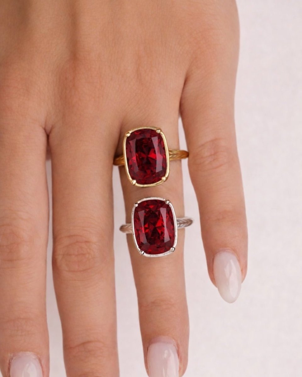 Sterling Silver Elongated Cushion Garnet CZ Cocktail Ring - Demented Sisters