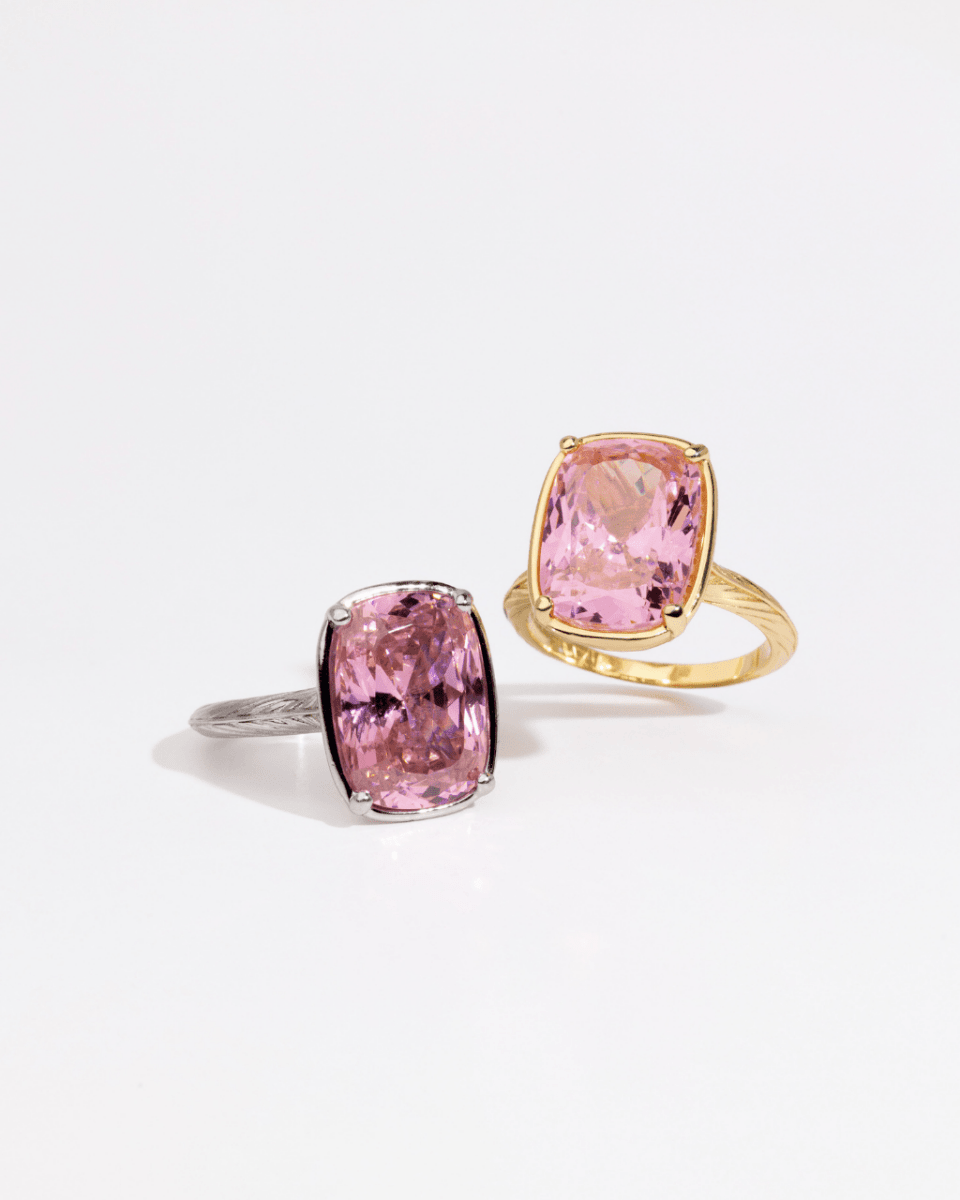 Sterling Silver Elongated Cushion Pink Sapphire CZ Cocktail Ring - Demented Sisters