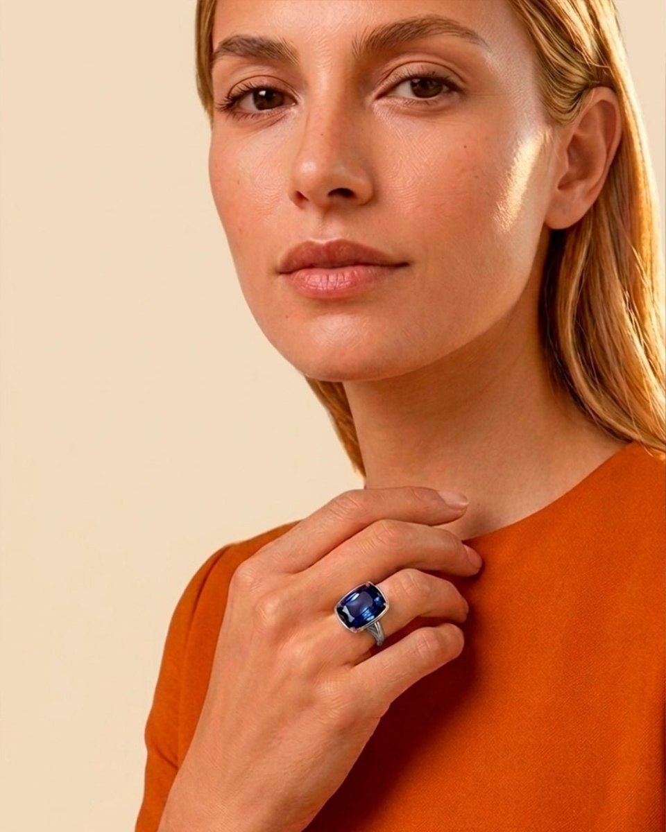 Sterling Silver Elongated Cushion Sapphire CZ Cocktail Ring - Demented Sisters