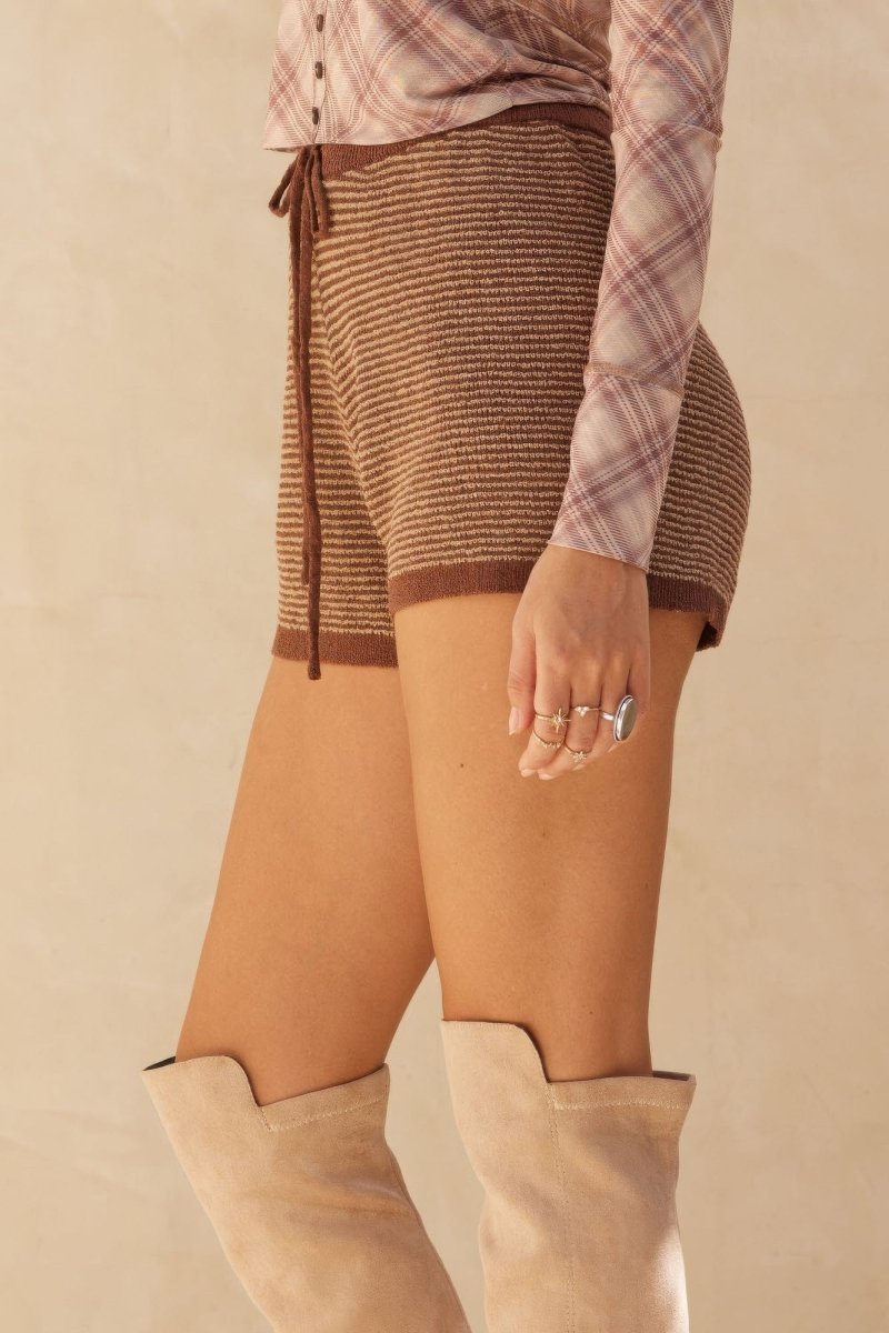 Striped Knit Wide - leg Drawstring Sweater Shorts - Demented Sisters