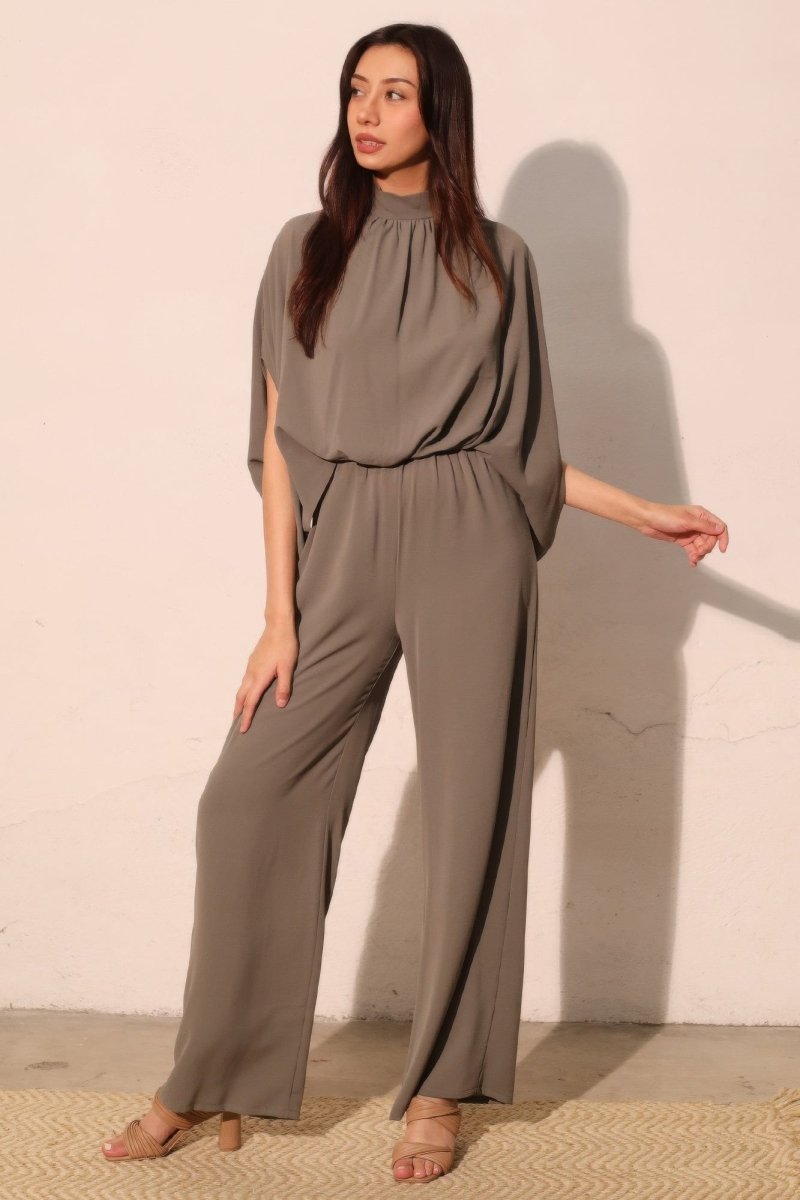 Textured Solid Mock Neck Caftan Jumpsuit - Demented Sisters