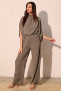 Textured Solid Mock Neck Caftan Jumpsuit - Demented Sisters