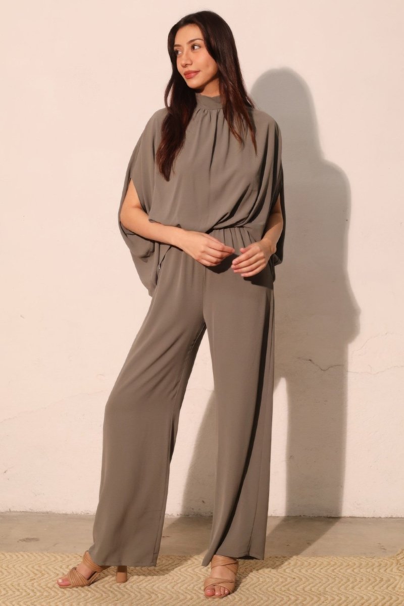 Textured Solid Mock Neck Caftan Jumpsuit - Demented Sisters