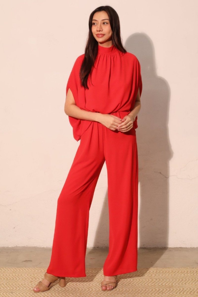 Textured Solid Mock Neck Caftan Jumpsuit - Demented Sisters