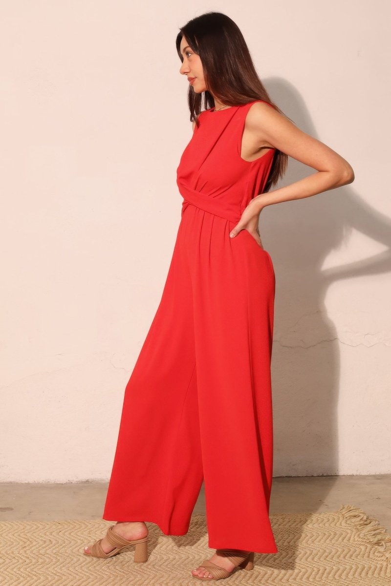 Textured Solid Twist Front Jumpsuit - Demented Sisters