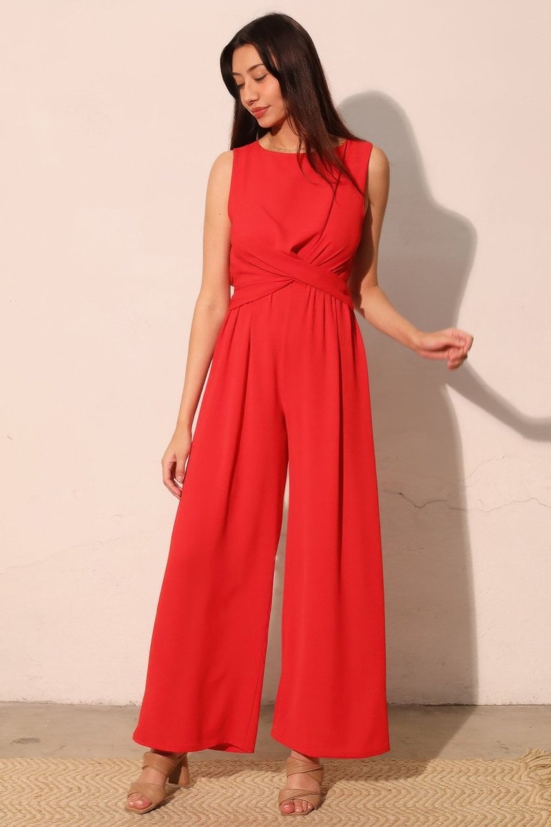 Textured Solid Twist Front Jumpsuit - Demented Sisters