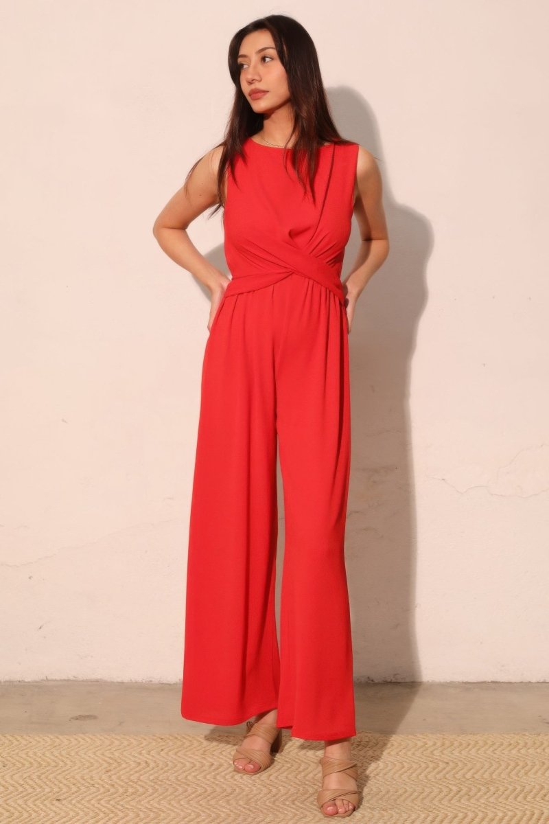 Textured Solid Twist Front Jumpsuit - Demented Sisters