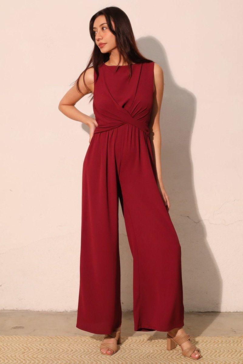 Textured Solid Twist Front Jumpsuit - Demented Sisters
