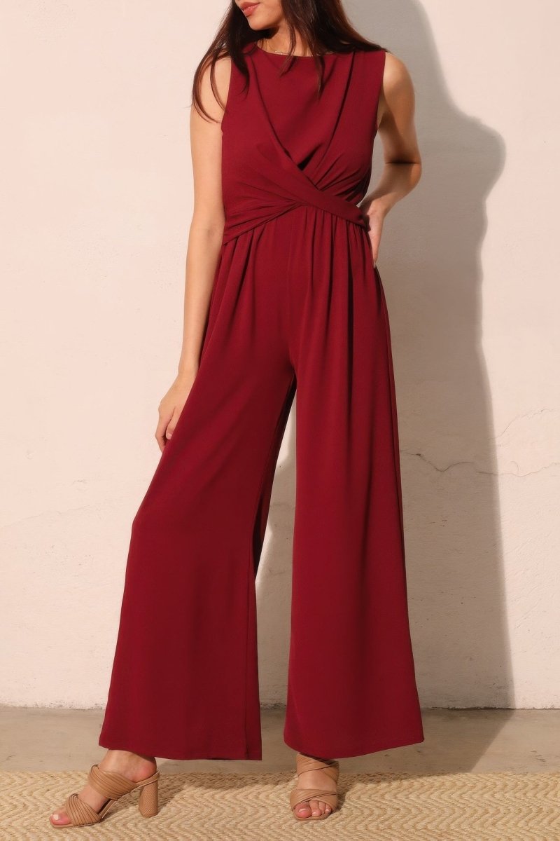 Textured Solid Twist Front Jumpsuit - Demented Sisters