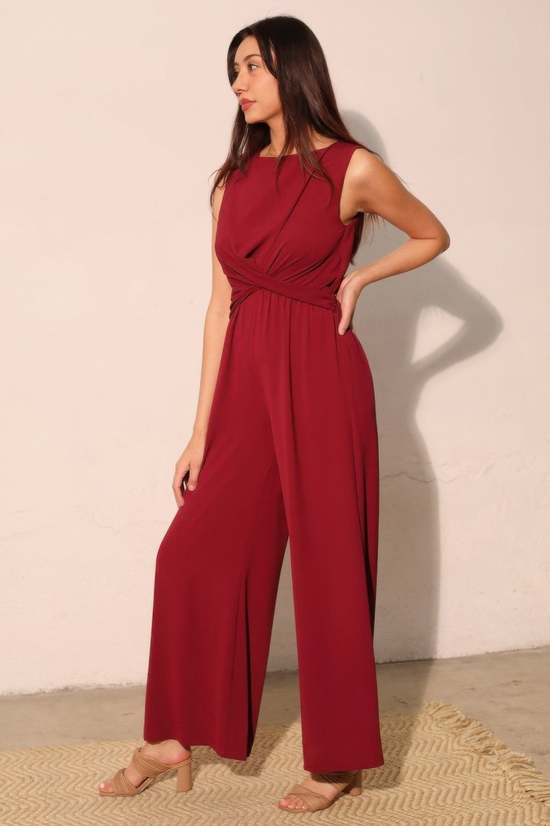 Textured Solid Twist Front Jumpsuit - Demented Sisters