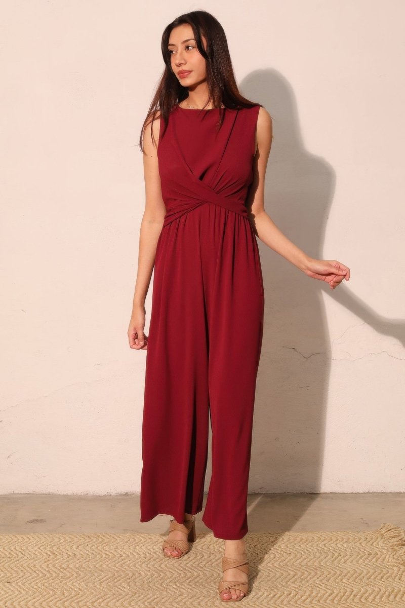 Textured Solid Twist Front Jumpsuit - Demented Sisters
