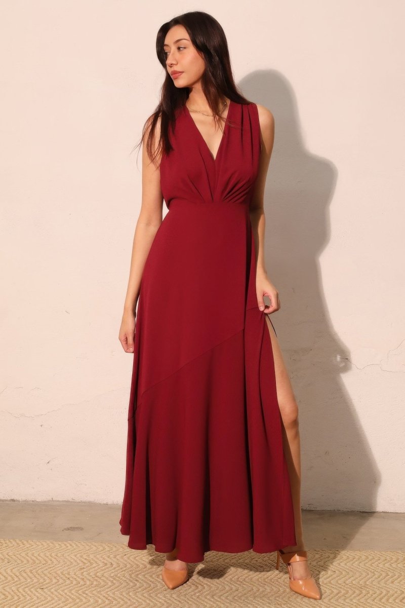 Textured Solid V - neck Maxi Dress - Demented Sisters