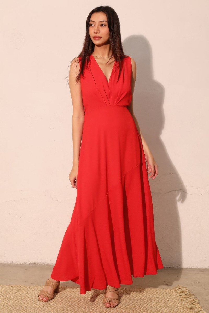 Textured Solid V - neck Maxi Dress - Demented Sisters
