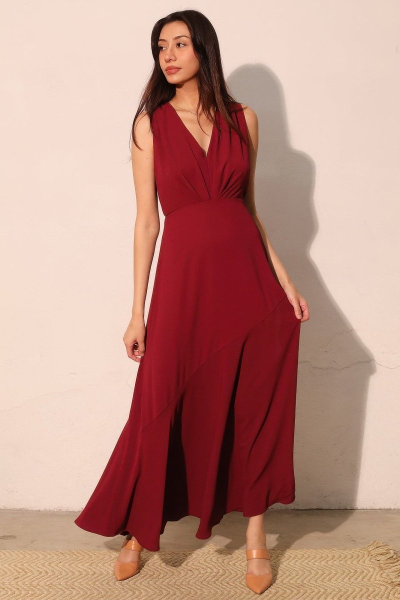 Textured Solid V - neck Maxi Dress - Demented Sisters