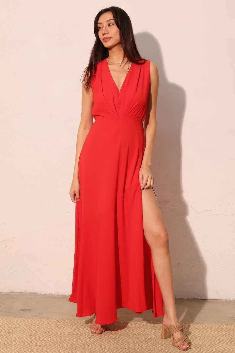 Textured Solid V - neck Maxi Dress - Demented Sisters