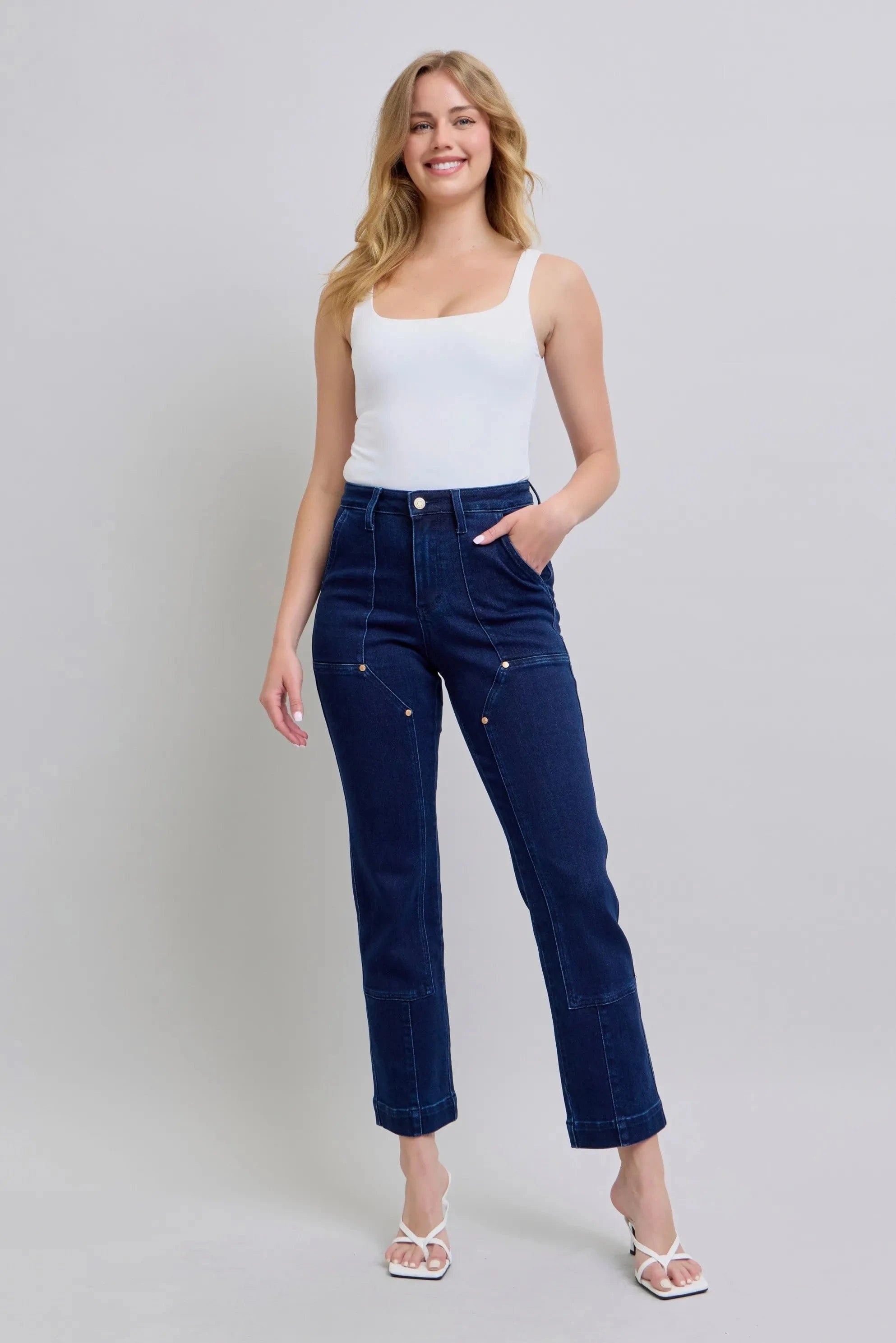 Judy Blue Full Size Hw Work Wear Knee Patch Straight Jeans Plus Size - Demented Sisters