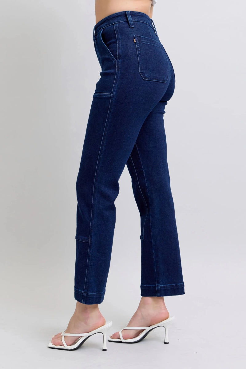 Judy Blue Full Size Hw Work Wear Knee Patch Straight Jeans Plus Size - Demented Sisters