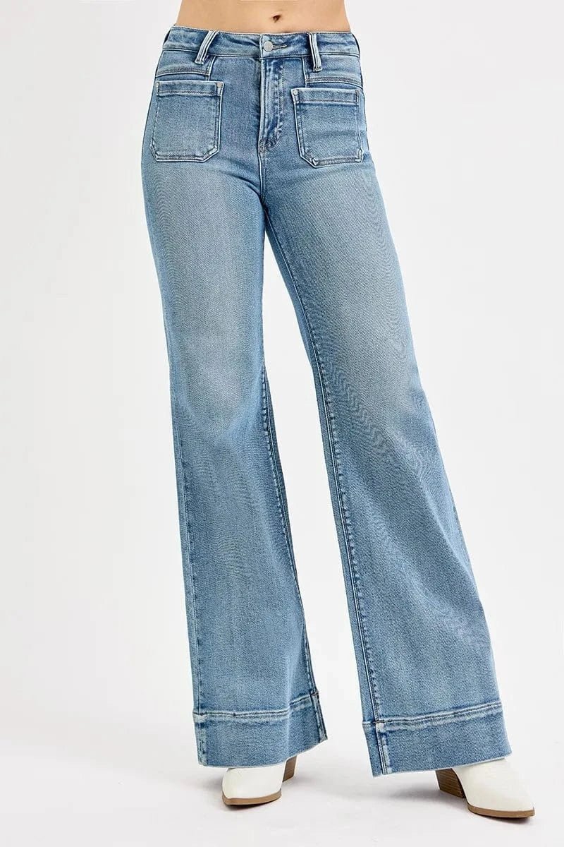 RISEN Full Size High Rise Wide Flare Patch Pocket Jeans Plus Size - Demented Sisters