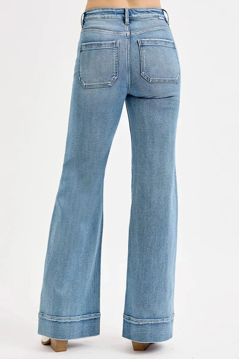 RISEN Full Size High Rise Wide Flare Patch Pocket Jeans Plus Size - Demented Sisters