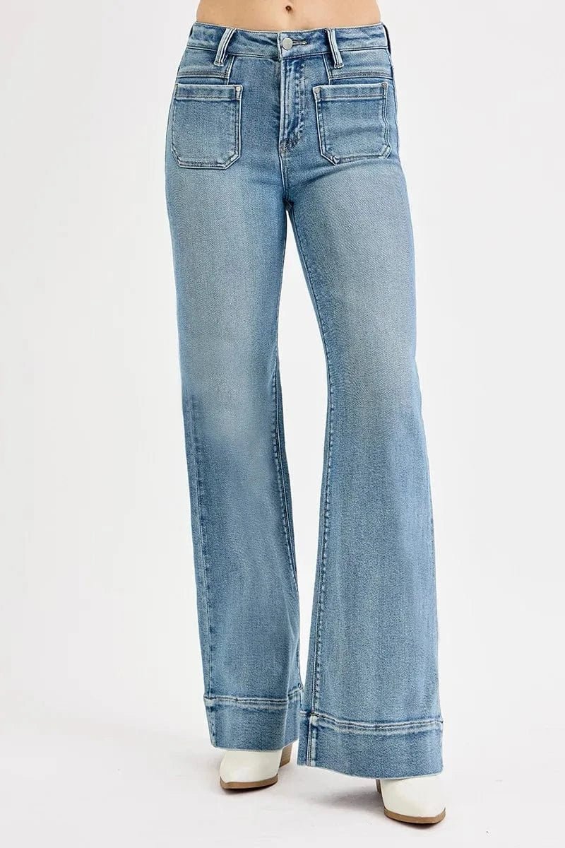 RISEN Full Size High Rise Wide Flare Patch Pocket Jeans Plus Size - Demented Sisters