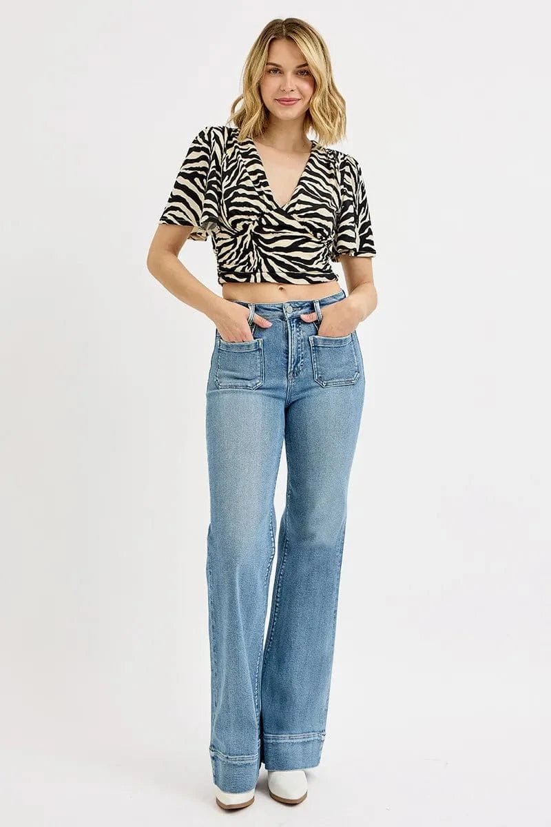 RISEN Full Size High Rise Wide Flare Patch Pocket Jeans Plus Size - Demented Sisters