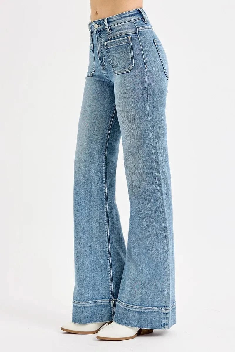 RISEN Full Size High Rise Wide Flare Patch Pocket Jeans Plus Size - Demented Sisters