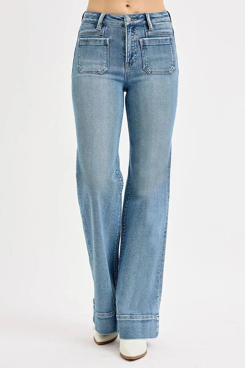 RISEN Full Size High Rise Wide Flare Patch Pocket Jeans Plus Size - Demented Sisters